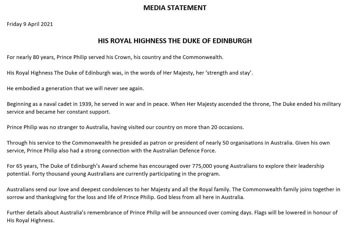 Prime Minister Scott Morrison has released a statement following the death of the Duke of Edinburgh. 9News