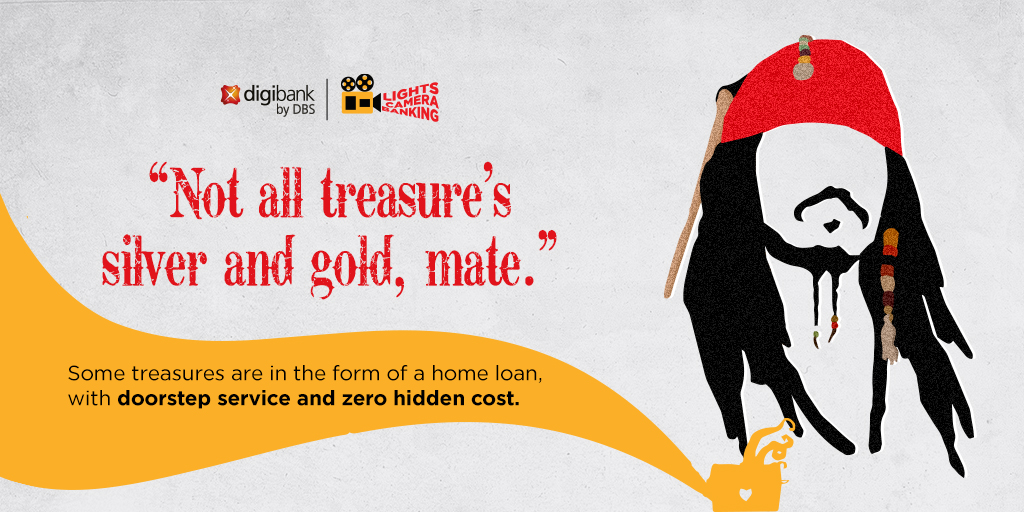 digibank's tweet photo. Captain Jack Sparrow didn't need a loan to live on the waters. But if you need one, you'd be glad to know our interest rates start as low as 6.80%. Savvy?
.
.
.
#LightsCameraBanking #banking #jack #captain #loan #homeloan #pirates #piratesofcaribbean https://t.co/bkfAZzq54j
