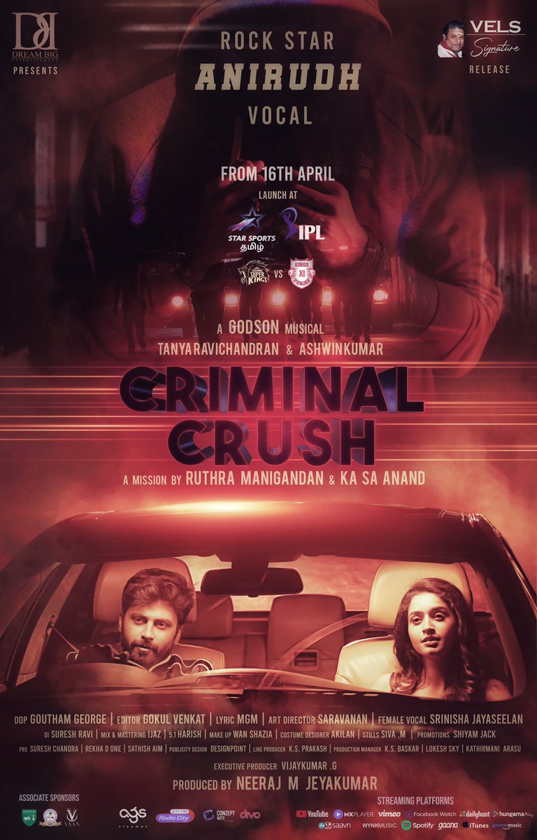 VijaySethupathi (@vijaysethuoffl) on Twitter photo Happy to share the 1st look of #CriminalCrush music album sung by <a href="/anirudhofficial/">Anirudh Ravichander</a> <a href="/GodsonRudolph/">Godson Rudolph</a>🎵 Congrats @gauti1989🎥 & team.
<a href="/IshariKGanesh/">Dr Ishari K Ganesh</a> <a href="/VelsSignature/">VELS Signature</a>
<a href="/actortanya/">Tanya S Ravichandran</a> <a href="/i_amak/">Ashwin Kumar</a> <a href="/dir_ruthra/">Ruthra Manigandan</a> @KSANAND123 <a href="/ConzeptNoteOff/">Conzept Note</a> <a href="/DREAMBIGENTERT1/">DREAM BIG ENTERTAINMENT</a> <a href="/Neerajoffl/">Neeraj M Jeyakumar</a> Happy to share the 1st look of #CriminalCrush music album sung by <a href="/anirudhofficial/">Anirudh Ravichander</a> <a href="/GodsonRudolph/">Godson Rudolph</a>🎵 Congrats @gauti1989🎥 & team.
<a href="/IshariKGanesh/">Dr Ishari K Ganesh</a> <a href="/VelsSignature/">VELS Signature</a>
<a href="/actortanya/">Tanya S Ravichandran</a> <a href="/i_amak/">Ashwin Kumar</a> <a href="/dir_ruthra/">Ruthra Manigandan</a> @KSANAND123 <a href="/ConzeptNoteOff/">Conzept Note</a> <a href="/DREAMBIGENTERT1/">DREAM BIG ENTERTAINMENT</a> <a href="/Neerajoffl/">Neeraj M Jeyakumar</a>