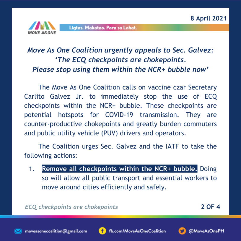 MoveAsOnePH's tweet photo. [ECQ CHECKPOINTS ARE CHOKEPOINTS: PLEASE STOP USING THEM WITHIN THE NCR+ BUBBLE NOW]

The #MoveAsOne Coalition calls on Sec. Carlito Galvez Jr. to immediately stop the use of ECQ checkpoints within the NCR+ bubble. 

Full statement: https://t.co/kILcyQHny1
#BiyahengSapatAtLigtas https://t.co/tHjgySPluX