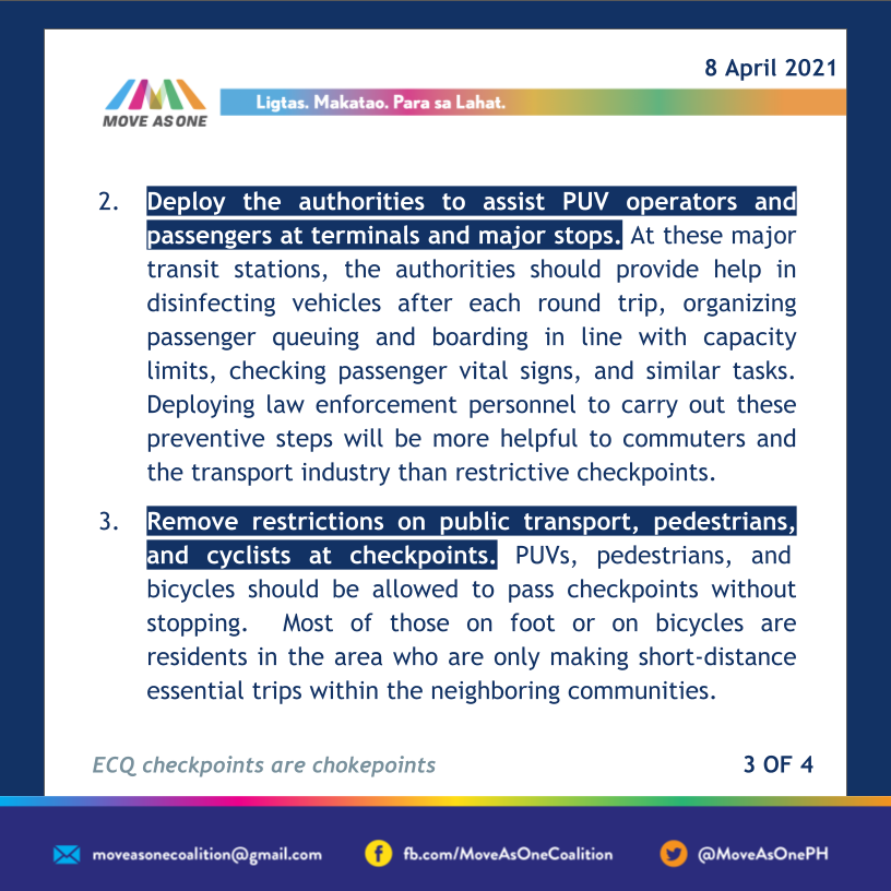 MoveAsOnePH's tweet photo. [ECQ CHECKPOINTS ARE CHOKEPOINTS: PLEASE STOP USING THEM WITHIN THE NCR+ BUBBLE NOW]

The #MoveAsOne Coalition calls on Sec. Carlito Galvez Jr. to immediately stop the use of ECQ checkpoints within the NCR+ bubble. 

Full statement: https://t.co/kILcyQHny1
#BiyahengSapatAtLigtas https://t.co/tHjgySPluX