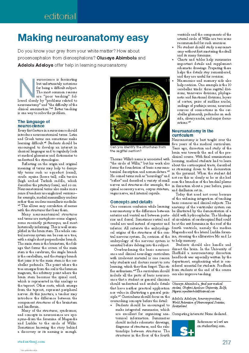 แนขแบนฬyแบน Abรญmbแปฬlรก (@seyeabimbola) on Twitter photo Adelola Adeloye was a great & kind man; a brilliant neurosurgeon, academic, historian & biographer.
Long after his retirement, he mentored & co-authored a short article with me, as a medical student.
The article was an editorial in <a href="/BMJStudent/">BMJ Student</a>, titled 'Making neuroanatomy easy' Adelola Adeloye was a great & kind man; a brilliant neurosurgeon, academic, historian & biographer.
Long after his retirement, he mentored & co-authored a short article with me, as a medical student.
The article was an editorial in <a href="/BMJStudent/">BMJ Student</a>, titled 'Making neuroanatomy easy'