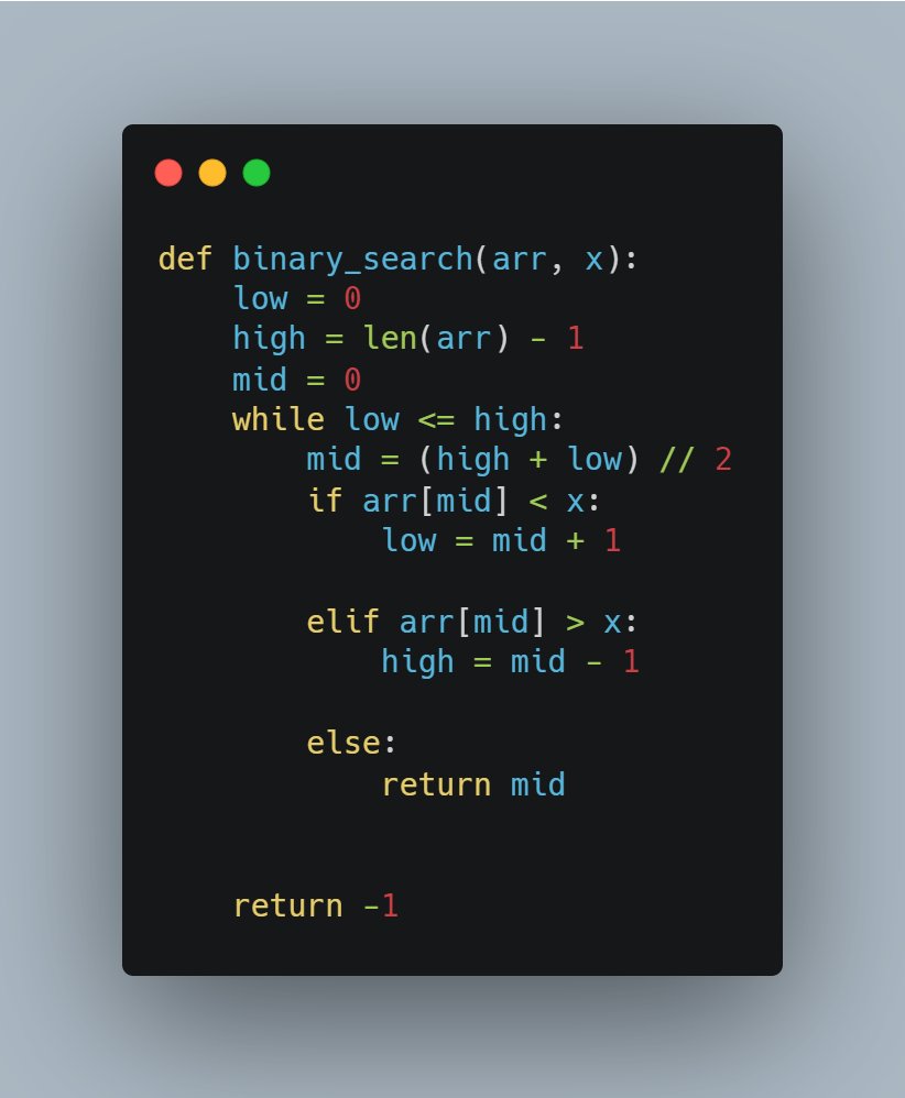 load_thecode's tweet image. Binary Search in #Python3
Basic algorithm - Tweet 4
Have a great day!

#100daysofcode
#100daysofcodechallenge #Python
#DEVCommunity #Developer
#pythonlearning #Coding
#pythondeveloper #datastructure
#programmers #pythonprogramming
