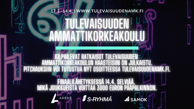 #TulevaisuudenAMK etähackathon lähenee loppuaan. Kilpailevat ratkaisut löytyvät nyt tapahtumasivulta, ja finaalilähetys striimataan sinne keskiviikkona klo 16-19. Pääpalkinnosta kilpailee liuta oivaltavia, innostuneita ja osaavia joukkueita. #amkopiskelijat <a href="/Arene_ry/">Arene</a> <a href="/sryhma/">S-ryhmä</a>