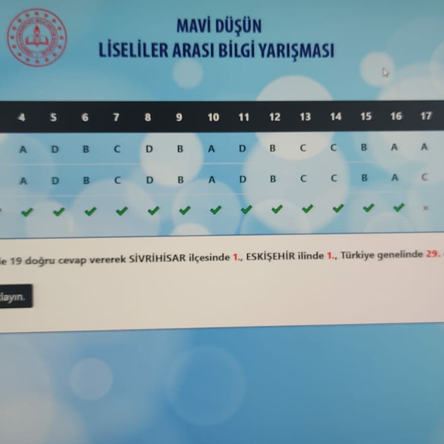 Mavi Düşün Liseler arası Çevrimiçi Bilgi Yarışmasında okulumuz 10. Sınıf öğrencisi Mehmet Enes AKDOĞAN Sivrihisar ve Eskişehir'de birinci Türkiye genelinde işi 29. olmuştur. Öğrencimizi tebrik eder, başarılarının devamını dileriz. @aakinci26 <a href="/hkncrt1/">hkncrt</a> <a href="/EskisehirMem/">Eskişehir İl Milli Eğitim Müdürlüğü</a>