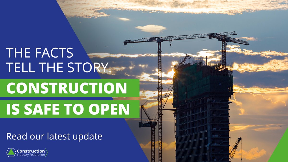 HSE data confirms that construction sites account for the lowest number of Covid-19 cases compared to other sectors. Since January only 0.09% of positive Covid-19 cases in Ireland have been attributed to construction sites. 
It is safe to #ReopenConstruction at 100% capacity.