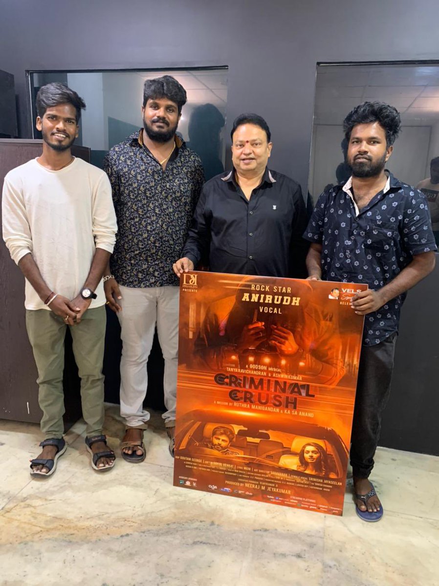 Ruthra Manigandan (@dir_ruthra) on Twitter photo Here is the 1st look of #CriminalCrush music album launch <a href="/StarSportsTamil/">Star Sports Tamil</a> <a href="/IPL/">IndianPremierLeague</a> on 16th April, sung by <a href="/anirudhofficial/">Anirudh Ravichander</a>! in <a href="/GodsonRudolph/">Godson Rudolph</a> Musical!
<a href="/actortanya/">Tanya S Ravichandran</a> <a href="/i_amak/">Ashwin Kumar</a>
<a href="/dir_ruthra/">Ruthra Manigandan</a> <a href="/KSANAND123/">Anand Ks</a>
@gauti1989 <a href="/DREAMBIGENTERT1/">DREAM BIG ENTERTAINMENT</a>
<a href="/VelsSignature/">VELS Signature</a> <a href="/ConzeptNoteOff/">Conzept Note</a> <a href="/DoneChannel1/">Done Channel</a> <a href="/teamaimpr/">Team AIM</a> Here is the 1st look of #CriminalCrush music album launch <a href="/StarSportsTamil/">Star Sports Tamil</a> <a href="/IPL/">IndianPremierLeague</a> on 16th April, sung by <a href="/anirudhofficial/">Anirudh Ravichander</a>! in <a href="/GodsonRudolph/">Godson Rudolph</a> Musical!
<a href="/actortanya/">Tanya S Ravichandran</a> <a href="/i_amak/">Ashwin Kumar</a>
<a href="/dir_ruthra/">Ruthra Manigandan</a> <a href="/KSANAND123/">Anand Ks</a>
@gauti1989 <a href="/DREAMBIGENTERT1/">DREAM BIG ENTERTAINMENT</a>
<a href="/VelsSignature/">VELS Signature</a> <a href="/ConzeptNoteOff/">Conzept Note</a> <a href="/DoneChannel1/">Done Channel</a> <a href="/teamaimpr/">Team AIM</a>