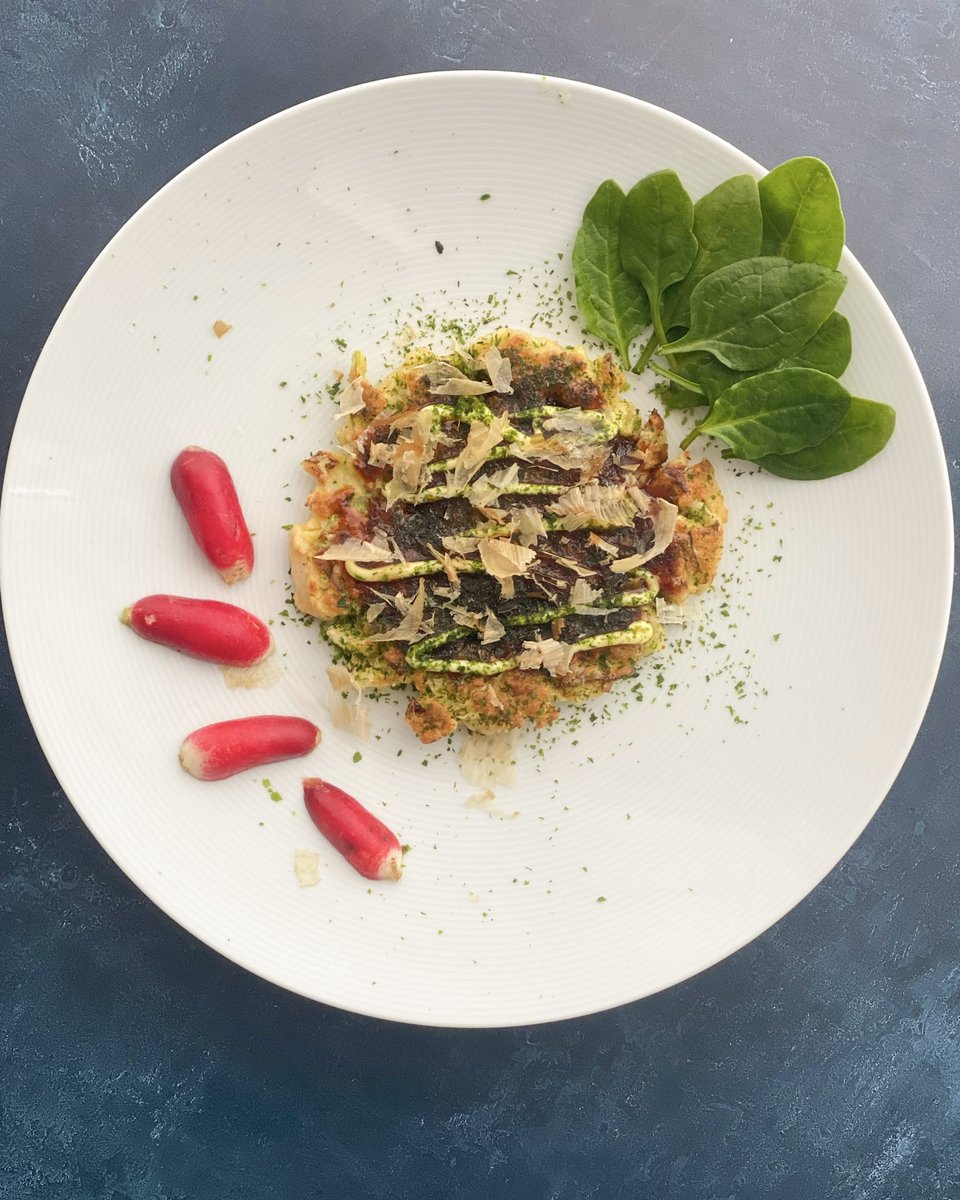 We love Okonomiyaki for lunch, so quick to make and so #delicious . It is a #Japanese pancake made with cabbage and #tofu , topped with Okonomiyaki sauce, mayonnaise, #seaweed powder and bonito flakes. Terrific with pickled radish and salad. ❤️@Yukiskitchen #cookalong class.