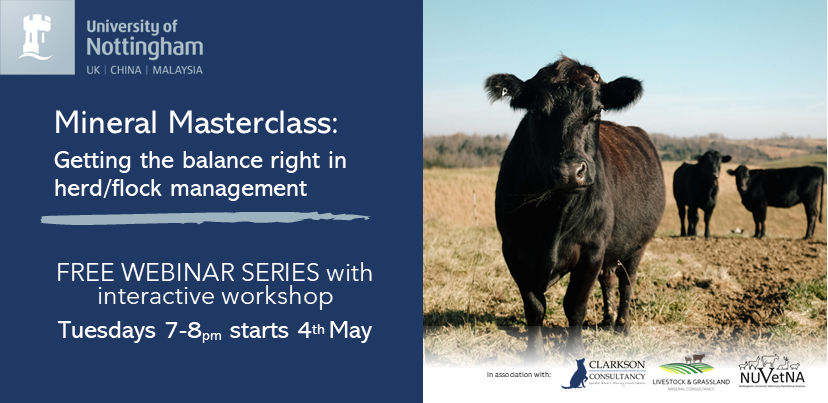 Unsure how to get your farm mineral balance right? Could you be over or undersupplying affecting health and performance?
Join us for a FREE webinar and workshop series and add confidence with minerals to your on-farm toolkit.
Register &amp; find out more here:
nottingham.ac.uk/vet/study-with…