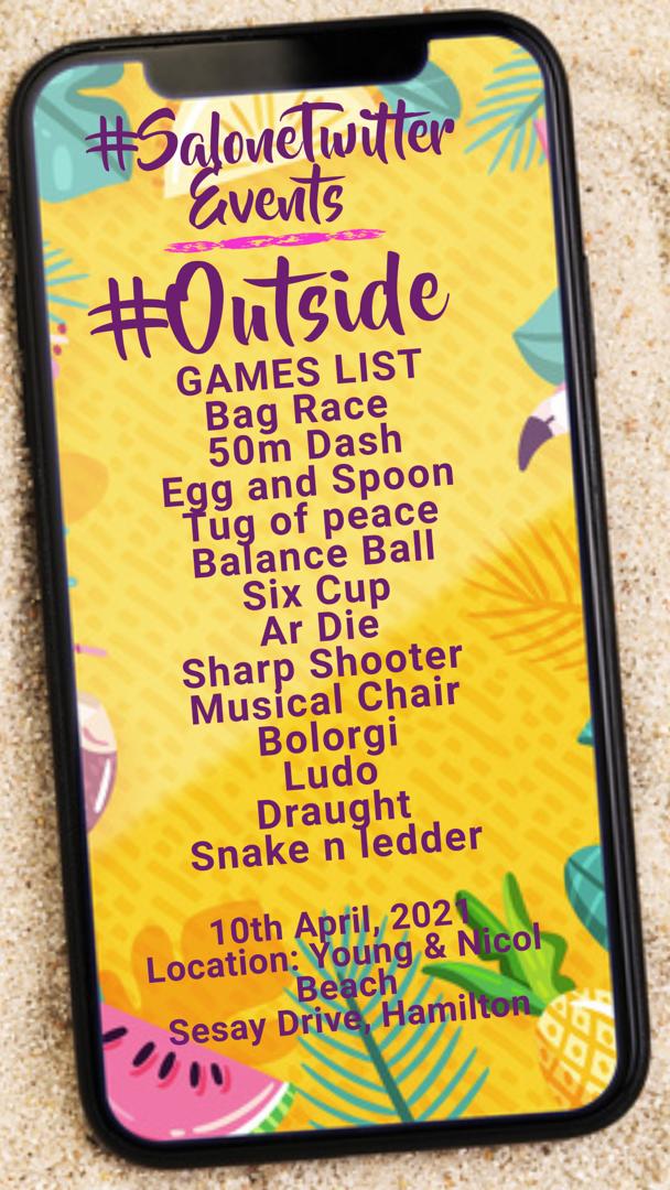 Sowieeeee we've being too quiet. For assurance, YES!! We're still meeting OUTSIDE🤝🏾. 
Date: Tomorrow sissss
Time: 12 noon
Venue: Young and Nicol beach, Hamilton
#SaloneTwitter 
#letsmeetoutside 
#Doam4salone 

Be There!!!!

Ps, Food and drinks will be on sale😉