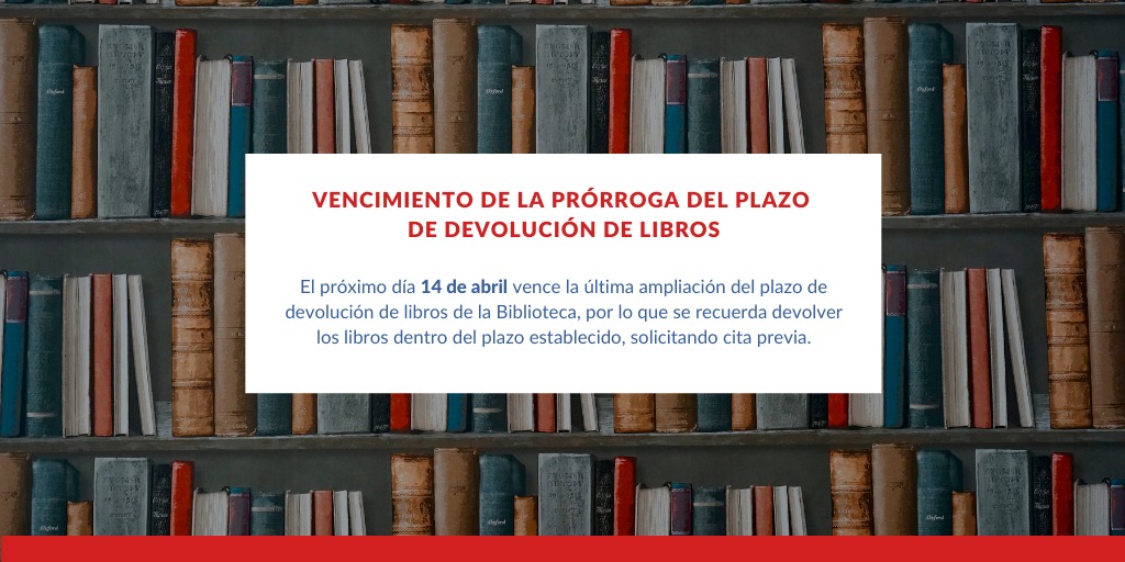 Universidad de Salamanca (@usal) on Twitter photo #BIBLIOTECAS | El próximo miércoles, 14 de abril, vence la última ampliación del plazo de devolución de libros de <a href="/bibliotecasusal/">Bibliotecas USAL</a>. Para devolver los libros se debe solicitar cita previa.
📚 bibliotecas.usal.es/noticia/vencim… #BIBLIOTECAS | El próximo miércoles, 14 de abril, vence la última ampliación del plazo de devolución de libros de <a href="/bibliotecasusal/">Bibliotecas USAL</a>. Para devolver los libros se debe solicitar cita previa.
📚 bibliotecas.usal.es/noticia/vencim…