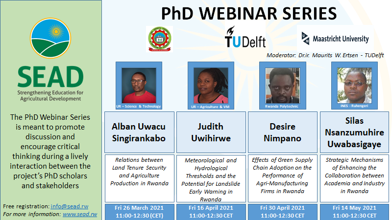SEAD (@sead_rwanda) on Twitter photo Morning/Mwaramutse/Goedemorgen
Interested in knowing the meteorological and hydrological thresholds and the potential for landslide early warning in Rwanda? Attend Judith Uwihirwe’s Webinar on Friday 16th April 2021, 11:00-12:30 CET. You are welcome to register at info@sead.rw Morning/Mwaramutse/Goedemorgen
Interested in knowing the meteorological and hydrological thresholds and the potential for landslide early warning in Rwanda? Attend Judith Uwihirwe’s Webinar on Friday 16th April 2021, 11:00-12:30 CET. You are welcome to register at info@sead.rw