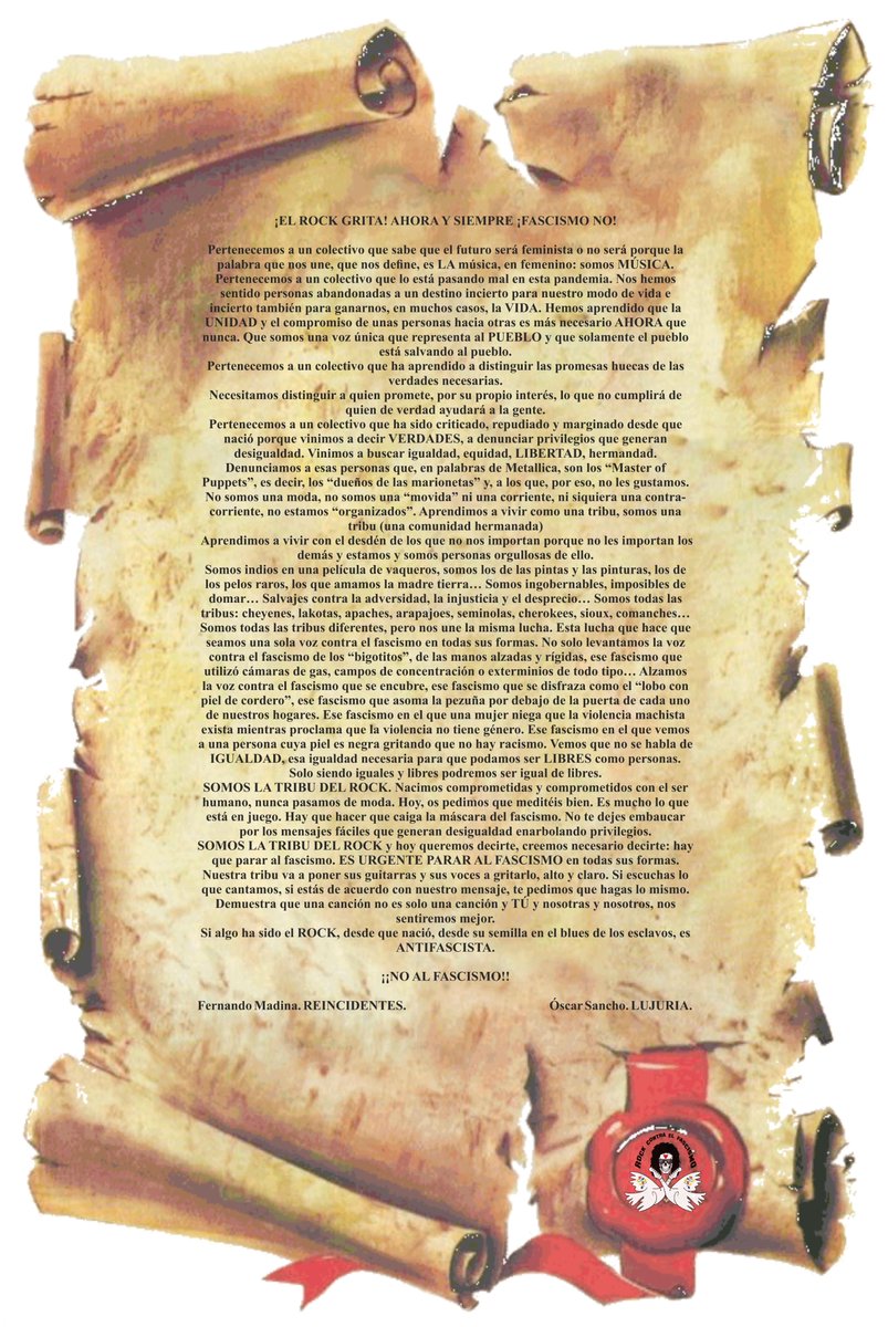 Os dejamos el manifiesto, así será más fácil que decidáis uniros. Lo lanzaremos junto a todas las adhesiones el 14 de abril pero luego seguiremos sumando. NO PASARÁN.
<a href="/reincidentesofi/">Reincidentes</a>  @JavierMira20 <a href="/skapoficial/">Ska-p</a> <a href="/Porretas5/">PORRETAS OFICIAL</a> <a href="/Hamletband/">Hamlet</a> <a href="/AngelusApatrida/">Angelus Apatrida</a> <a href="/mariskalrock/">mariskalrock</a> <a href="/rockestatal/">Revista Rock Estatal</a>