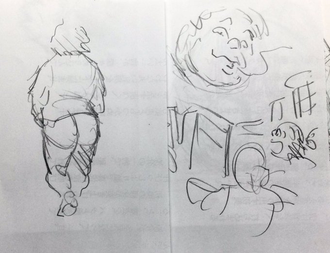 落書きです。左はアシさんの後ろ姿。そして右はパラレルワールドに顔だけ出現してしまった絵。 