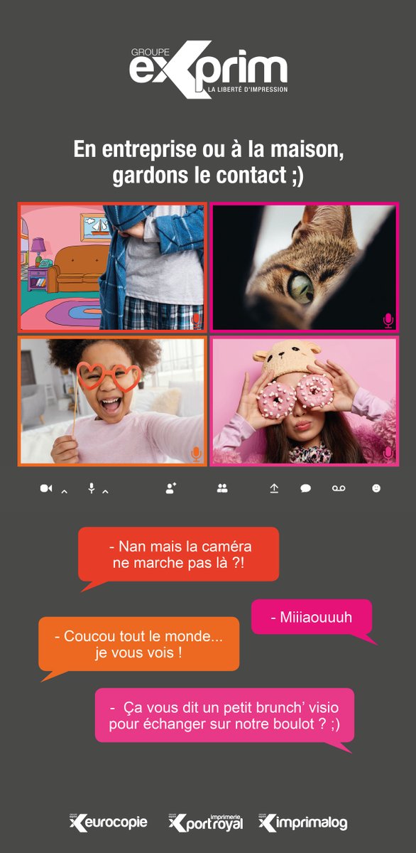 ExprimGroupe's tweet photo. En entreprise ou à la maison, gardons le contact ;-)

#visio #télétravail #teams #googlemeet #zoom #whereby #cisco #hangouts https://t.co/Q081sduM4y
