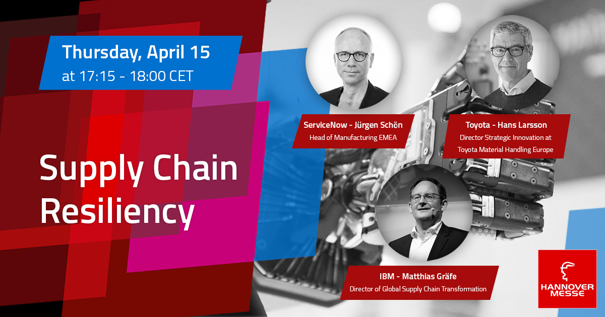 Don’t miss the panel discussion about resiliency in the supply chain next week at <a href="/hannover_messe/">HANNOVER MESSE</a> between Hans Larsson, Matthias Gräfe at <a href="/IBM/">IBM</a> and Jürgen Schön at <a href="/ServiceNow/">ServiceNow</a> Thursday 15 April at 17:15 on the Industrial Transformation Channel here: bit.ly/3mBvtsb #HM21