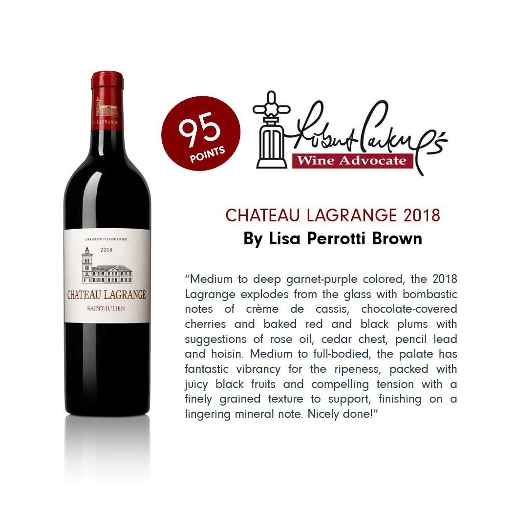 Lisa Perrotti Brown from The Wine Advocate tasted and rated our 2018 Chateau Lagrange and Fiefs de Lagrange. Thank you for these ratings on this beautiful vintage !⁠ #chateaulagrange #ratings #wineadvocate