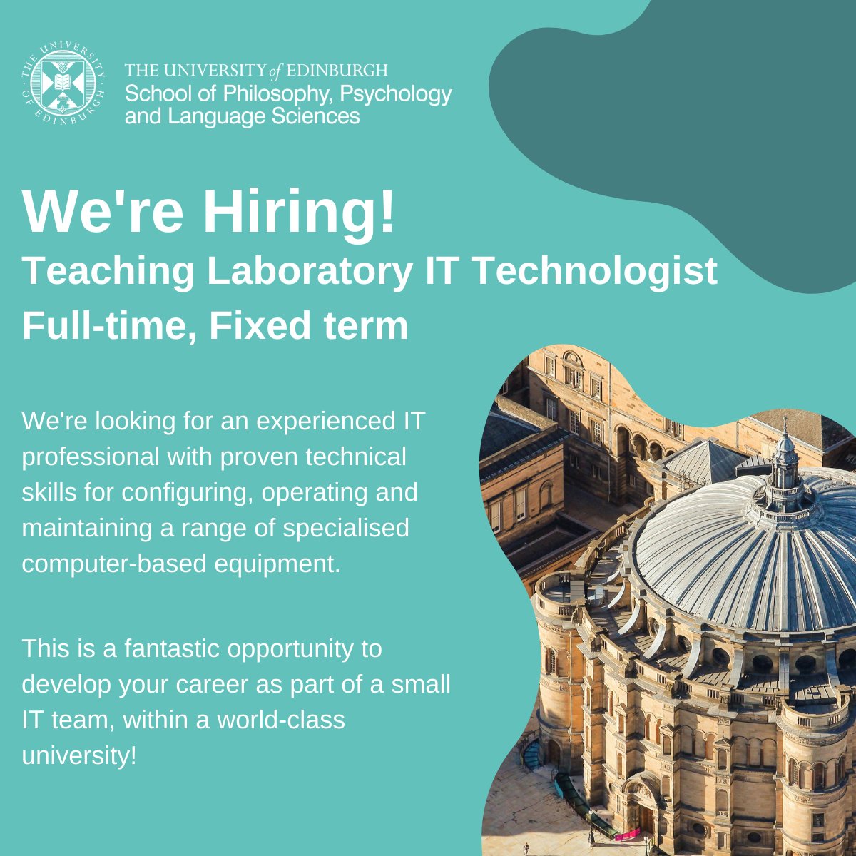 SchoolofPPLS's tweet image. Job vacancy: Teaching Laboratory IT Technologist (FT, 2 years). buff.ly/3d0ZiiH
The post holder will provide primary support for the configuration and maintenance of the teaching lab applications and equipment - apply by 5pm, Thursday 22 April 2021 #ITjobs #TeachingTech