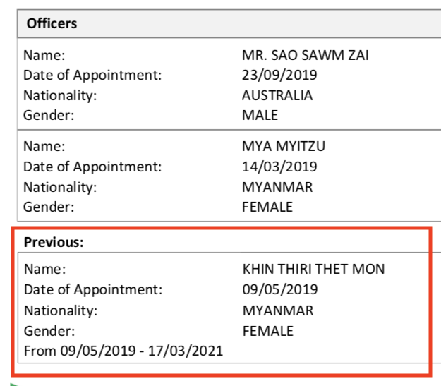 At that time the army's chief daughter Khin Thiri Thet Mon was registered as director of Pinnacle Asia. Just a week after the US sanctions against her were imposed, Khin Thiri Thet Mon was removed from the board of directorate.