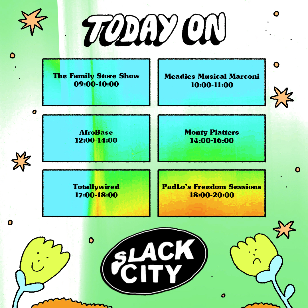 Friday in Slack City.  Hear it all via SlackCity.org.uk and on DAB

<a href="/familystoreuk/">family store</a> // @Pathugh40 // #AfroBase // #MontyPlatters // <a href="/TotallyWiredBTN/">Totally Wired</a> // #PadLo

Artwork by Emily Wallace  |  <a href="/PrezEdBrighton/">Presuming Ed</a> #SlackCityRadio