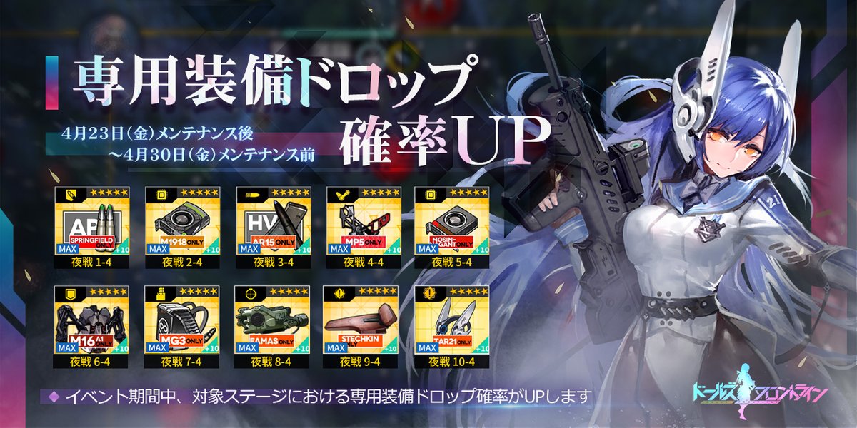 ドールズフロントライン公式 専用装備ドロップ確率up予告 第十戦役の夜戦開放に伴い 4月23日 金 メンテナンス終了後 4月30日 金 メンテナンス前 の期間で 対象の夜戦ステージにて専用装備のドロップ確率がupします 新たに追加される Tar 21専用 ドールズフロントライン公式 専用装備ドロップ確率up予告 第十戦役の夜戦開放に伴い 4月23日 金 メンテナンス終了後 4月30日 金 メンテナンス前 の期間で 対象の夜戦ステージにて専用装備のドロップ確率がupします 新たに追加される Tar 21専用