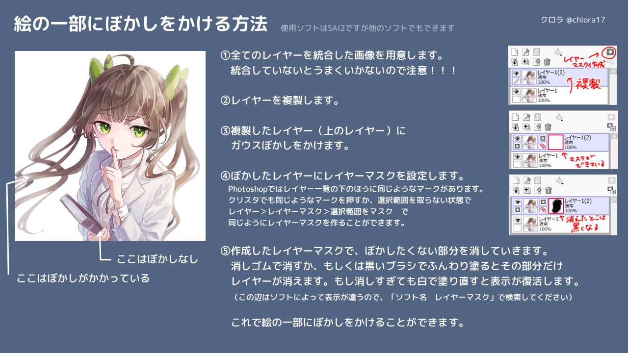 クロラ 以前ざっくりと説明した 画像の一部をぼかす方法 レイヤーマスクを使用 と 色収差をかける方法 について詳細に説明してみました どちらも絵の遠近感を出すのに便利なので ぜひ使ってみてくださいね T Co Qkrqllu6hv Twitter