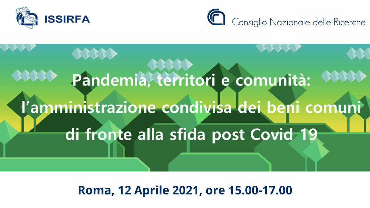 CNRsocial_'s tweet photo. 📌 Il 12/04/2021 ore 15.00 - 17.00 evento on line
#Pandemia, territori e comunità: l'amministrazione condivisa dei beni comuni di fronte alla sfida post #Covid19
Evento organizzato da #Cnr_Issirfa, @ISSIRFA
👉 https://t.co/71TUgHJBsh https://t.co/rcs9aguTzT