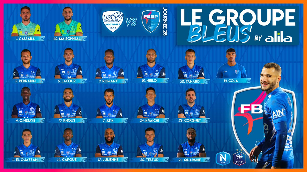 FBBP01's tweet photo. 👥 𝗟𝗘 𝗚𝗥𝗢𝗨𝗣𝗘 𝗕𝗥𝗘𝗦𝗦𝗔𝗡
👀 Découvrez le groupe qui affrontera l'@uscl_football ce soir à 20h00 🔥
🤕 Réathlétisation : #Agounon / #Boyer / #Montiel
🟥 Suspension : #Ribelin
↕️ Choix : #Blaichet / #Braillon / #Dunand / #Essele / #Privat
〰️
#TeamBressan 🔵⚪ https://t.co/gtIONp76o2