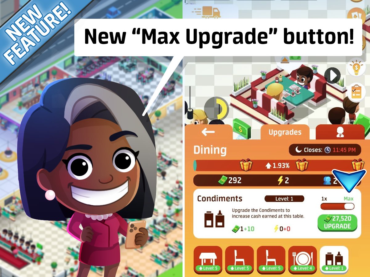 Idle_Restaurant's tweet photo. π The future is now! π€ Wanting to upgrade all of your condiments all at once? Now you can! π€― Make sure to try the new "MAX Upgrade" button, live in your game now! π½
#idlerestauranttycoon #featurefriday #maxupgrade #nobuttonmashing https://t.co/Dmj9vN4jy6