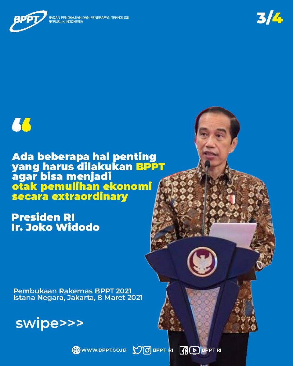 BPPT_RI's tweet image. #TechnoQuiz:
Apa saja yang disampaikan Presiden RI @jokowi agar @bppt_ri bisa menjadi otak pemulihan ekonomi secara extraordinary?

T&amp;amp;C:
1. Jawab di kolom reply, disertai follow, likes &amp;amp; retweet
2. Jawaban terlengkap menjadi pemenang

#JumatBerkah #pemulihanekonominegeri