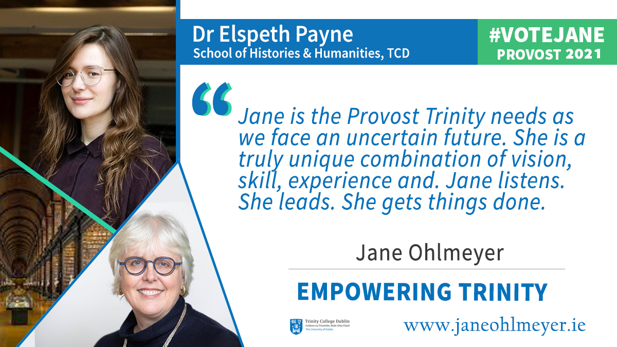 (15/17) Throughout this entire campaign, I have engaged with students via email, focus groups & a dedicated student line. It has been a privilege & honour to win the TCDSU votes. As Provost, I will value all students as equal partners in our university  #TCDProvost2021  #votejane