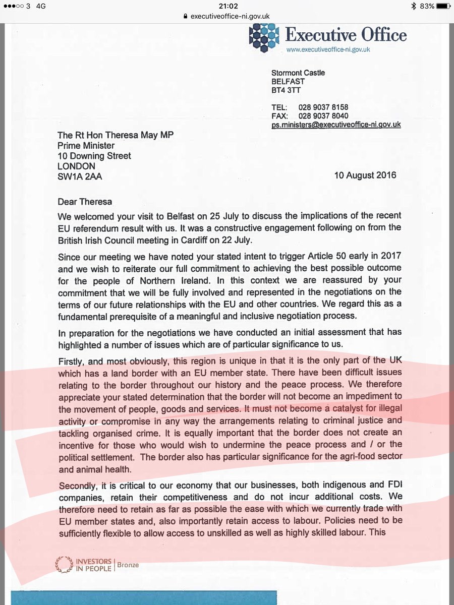 NI's first ministers wrote to Theresa May in August 2016 to stress elements important to NI because of it's unique situation. A lot of emphasis is given to needing a close deal with the EU with their concerns about the peace process and political settlement (GFA) mentioned.13/n