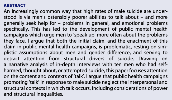 Masculinities and suicide: unsettling ‘talk’ as a response to suicide in men by @DrAmyChandler doi.org/10.1080/095815…