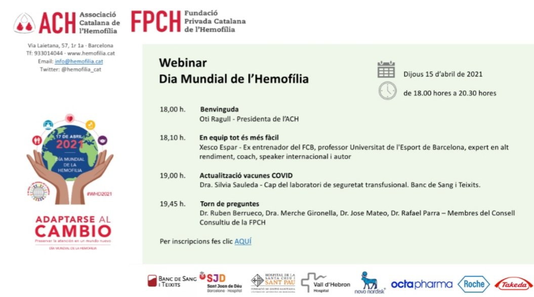 hemofilia_cat's tweet photo. En motiu del Dia Mundial de l’Hemofília, el 45è aniversari de l’ACH i el 30è de la FPCH, us esperem al webinar que hem organitzat el 15 d’abril a les 18 hores. Estem segurs que serà molt interessant. Us esperem! Per inscripcions https://t.co/Svmyb2BAt8 https://t.co/A1h7tGPT11