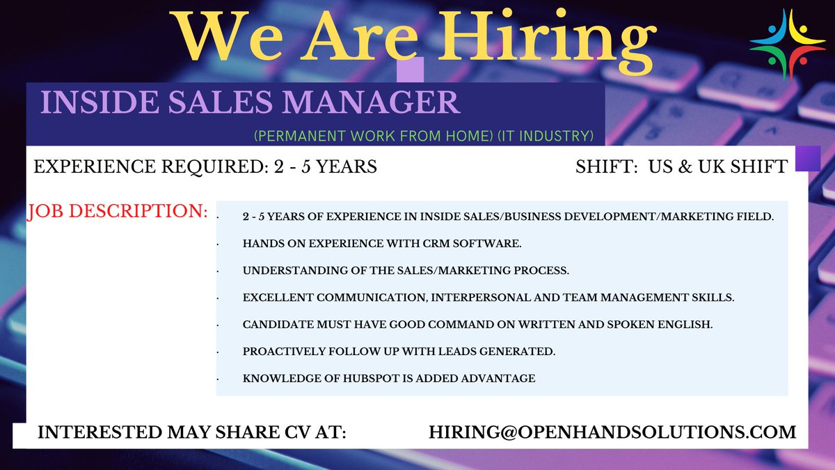 OpenHandS's tweet image. Dear #Connections
We are #hiring
Inside Sales Manager

We are Urgent #hiring for :-
#Inside_Sales_Manager
Interested Candidates can Drop their Updated CV at
hiring@openhandsolutions.com
#open_hand_solutions #hiring #resume #job #urgenthiring #support #jobs #jobsearch #Executive
