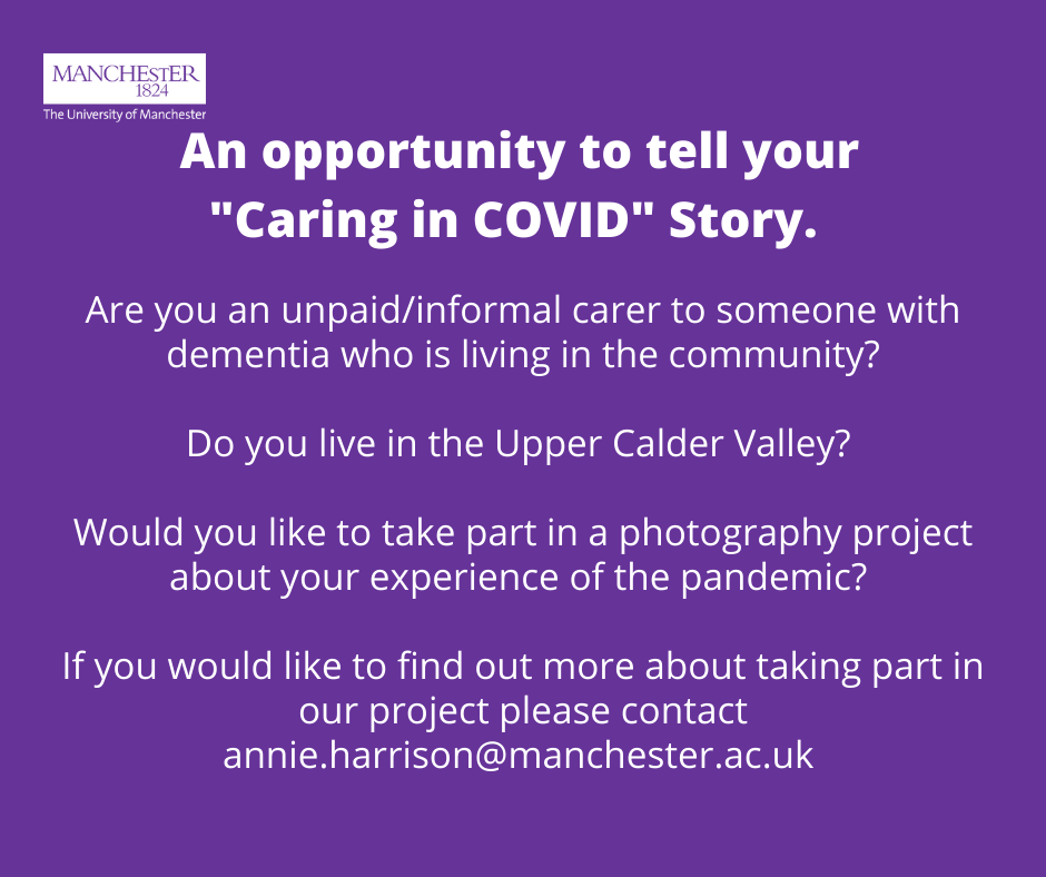MancHealth's tweet photo. Researchers at The University of Manchester, Annie Harrison and Liz Dalgarno, are conducting a project into caring during COVID. They want to talk to older people who are unpaid/informal carers of someone with dementia during COVID-19 restrictions. 
Details below: https://t.co/LV3ifBwmf0