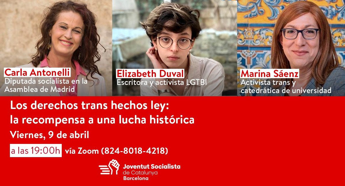 CarlaAntonelli's tweet photo. Hoy en acto con las Juventudes Socialistas de Barcelona / @jscbarcelona con @MarinaSaentz y Elizabeth Duval “Los derechos trans hechos ley: La recompensa a una lucha histórica” 🌹🏳️‍���️ https://t.co/OY3YFmBVex