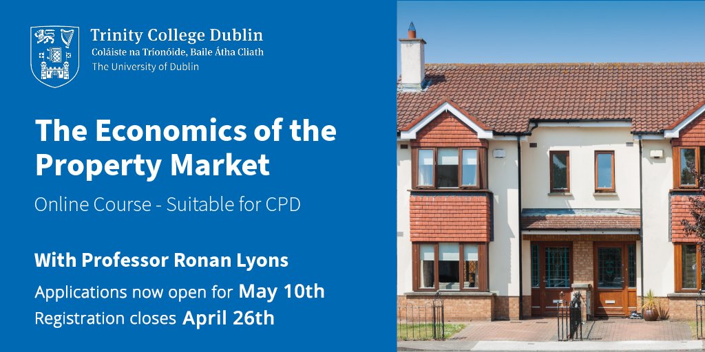 Join @tcddublin's online CPD on the Economics of the Property Market and explore the numerous factors that shape the Irish property market. #economics #property #thinktrinity Begins May 10th, registration ends April 26th. tcd.ie/Economics/CPD/…