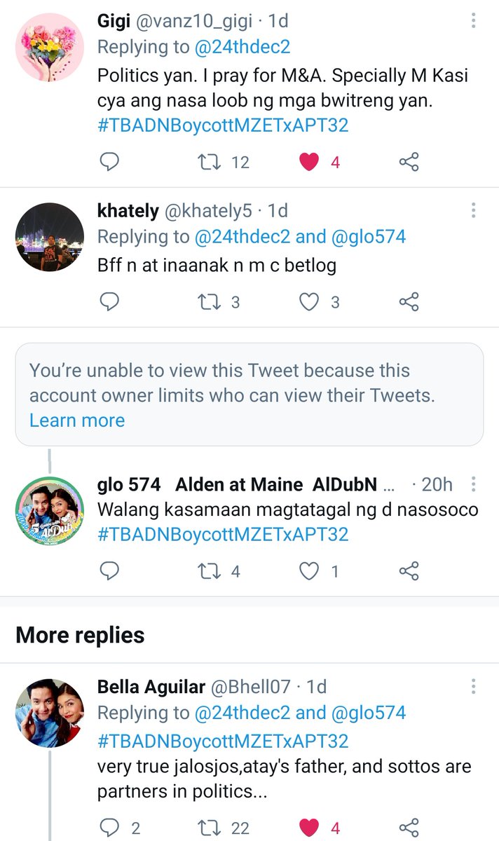  https://twitter.com/AxlLacey/status/1380180078491955201?s=19 We have so many ideas for reviving AlDub but there are boulders in our way  VS is just the tip of the iceberg. If an AlDub revival can't happen in EB coz of AA-Maricel-Jalosjos link, then where? #TBADNBoycottMZETxAPT33