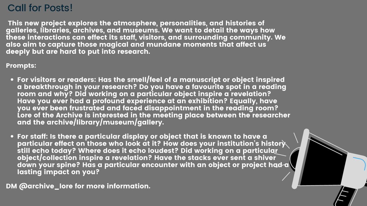 A pinned thread of our Call for Posts.

This new project explores the atmosphere, personalities, and histories of galleries, libraries, archives, and museums. We want to detail the ways how these interactions can effect its staff, visitors, and surrounding community.
