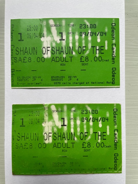 17 years ago, on April 9th 2004, 'Shaun Of The Dead' was released in UK/IRE cinemas. I went to see it at Odeon Camden with Simon Pegg, Nira Park, my editor Chris Dickens and our production manager Karen Beever. We sat at the back because we were nervous. Here are Nira's tickets.