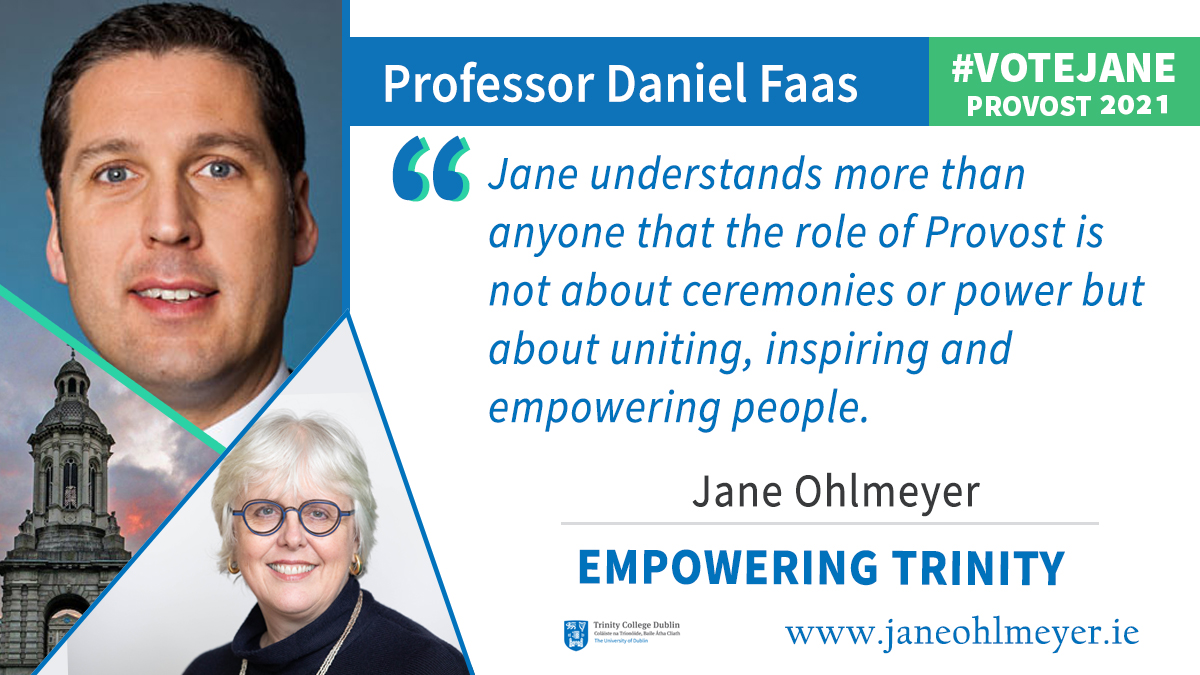 (16/17) Above all, Trinity is about community. This is what ties all my supporters together. I will put people first & empower our community to be civic- & creative-minded thinkers who care about the world & the people in it  #TCDProvost2021  #VoteJane