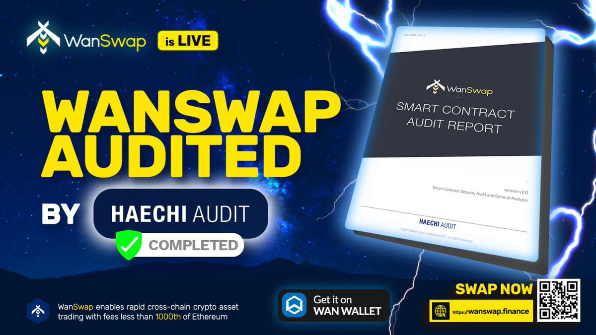 wanswap's tweet image. We are proud to announce our code was recently audited by one of the leading smart contract security firms, @haechi_audit.

We can now share the audit report with you all:

👀 bit.ly/wanswap-audit

Onwards and upwards.

$WASP #wanswap #audited #swarm

🐝🐝🐝