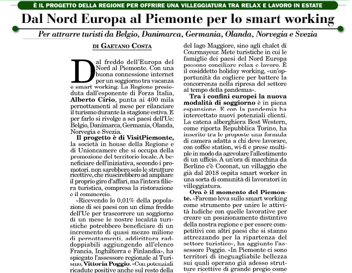 SmartWorkersUn1's tweet photo. La regione @regionepiemonte punta sullo #smartworking dei paesi del nord europa per rilanciare il turismo nel proprio territorio questa estate. #holiday #holidayworking https://t.co/LVNP4WixYh