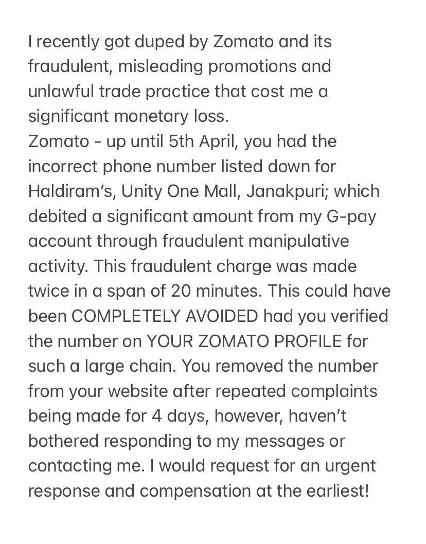 chugh_amrita's tweet photo. I got duped by Zomato's misleading information on Haldiram's zomato profile for a large sum of money. Have received no response to my complaints
@zomatoin @DelhiPolice @DCP_CCC_Delhi @Cyberdost @jagograhakjago @NagpurHaldirams @Haldiramsonline #zomato #haldiram #cybercrime #Delhi https://t.co/J9Ozo830dw