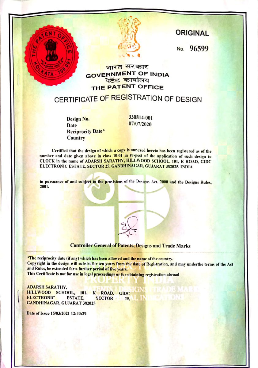 InfoGujcost's tweet image. Adarsh Sarathy, a student of Hillwoods School GNR, has designed a clock using #CartesianCoordinates. He successfully registered the design at @cgpdtm_india with the help of @PIC_GUJCOST.
If you have a design,@InfoGujcost can help you to get it registered.@hareets @dstGujarat