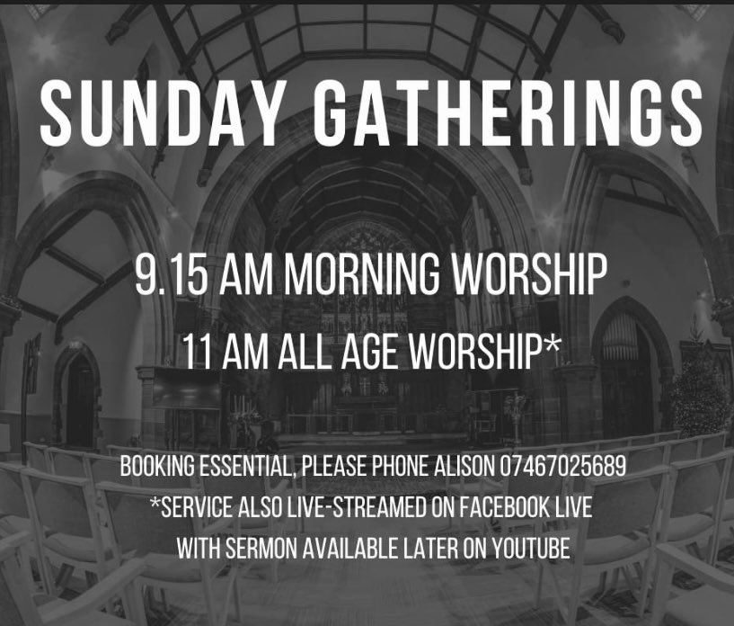 Join us online or in our church building this Sunday. Streaming via Facebook Live. In the building booking essential, face coverings required and social distancing measures in place. Seating limited so please book by calling Alison on the number in the picture.