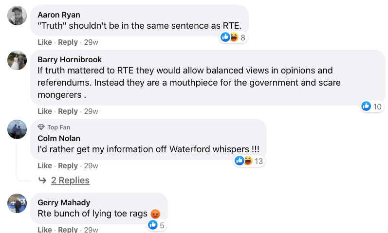 22. If you have a moment you can see the comments people have written about RTE when they announced this “Truth Matters” campaign on their FB page in September 2020. 546 comments, nearly all of which are really negative. RTE are the fake news. https://www.facebook.com/rtenews/posts/3865752483453725/