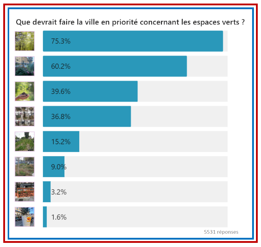 Lors de cet entretien, nous avons pu évoquer tous les sujets qui ont émergé de notre questionnaire : les terrasses éphémères, l’échec des pieds d’arbres végétalisés, le partage des espaces, les traverses de chemin de fer, les poubelles tulipes, EmbellirParis, les naturinoirs..