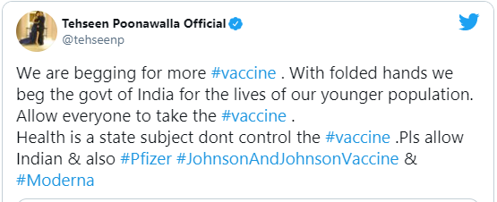Alleging that central govt isn't allowing these companies to sell their vaccines in India, they should be allowed, even if they are priced high, as those who are willing to pay should be allowed to buy them.